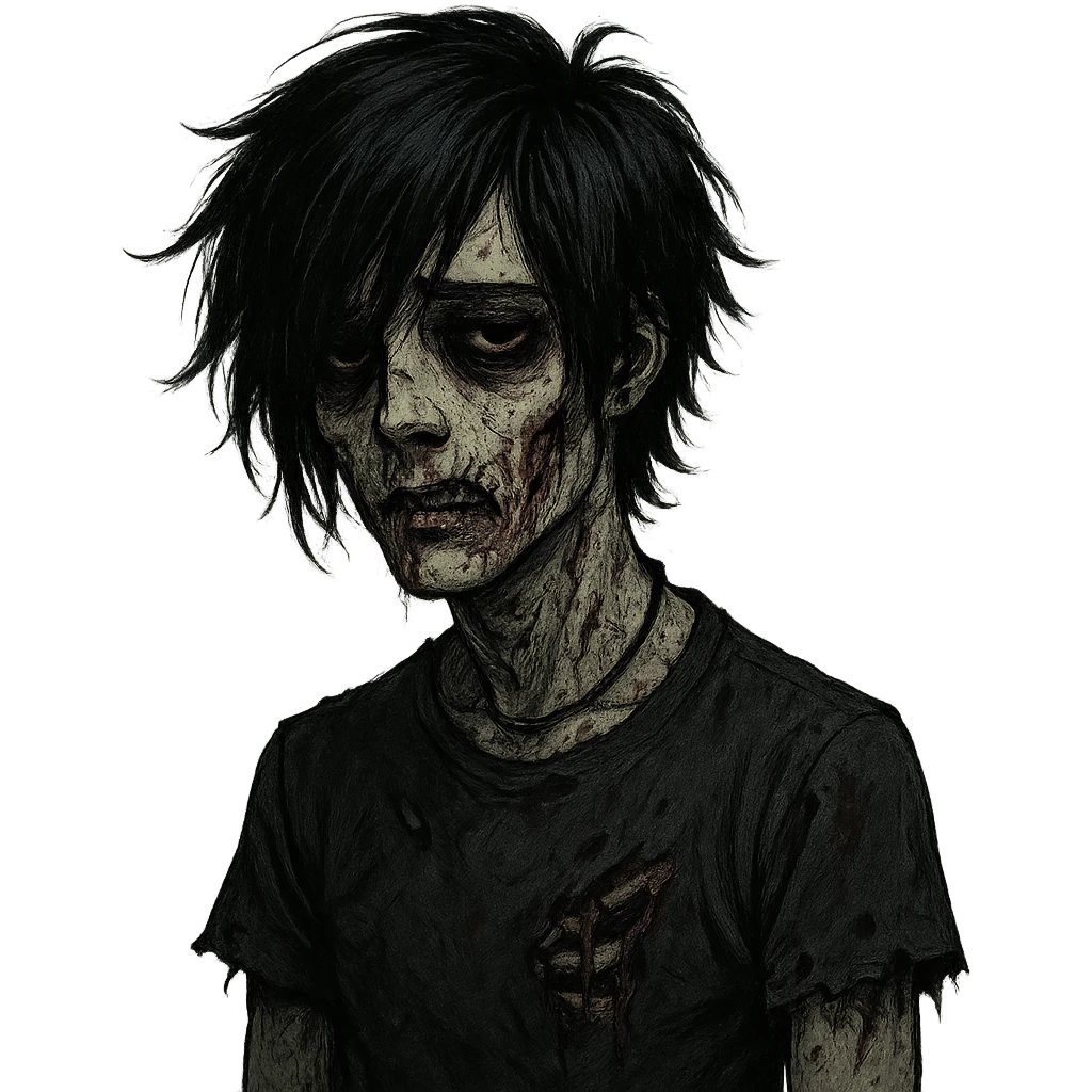 emo zombie boy with dark, medium-length black hair, dark and moody vibe emoji