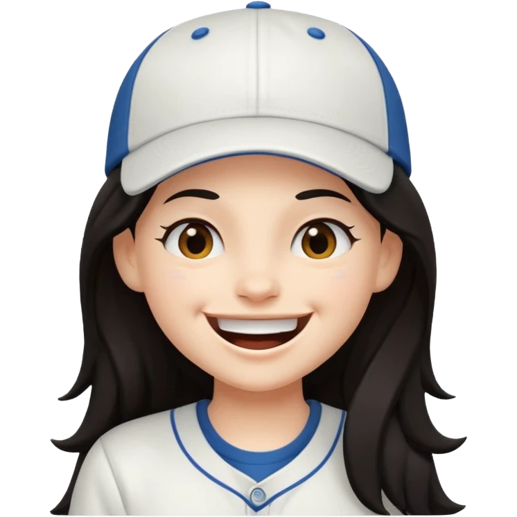 Digital illustration of a cartoon character with a big smile on its face and whinking. The character has long dark hair and is wearing a white baseball cap and casual clothes. The overall style of the illustration is cute and playful. emoji