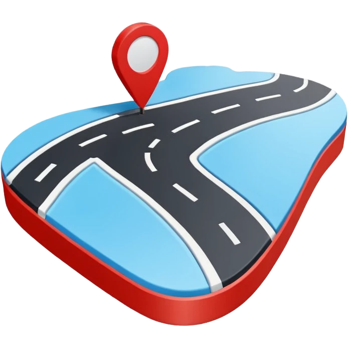 3D navigation map icon, simple curved road, location pin, smooth rounded shapes, Waze style, blue white and black colors, small red accents, clean minimal design, no background emoji