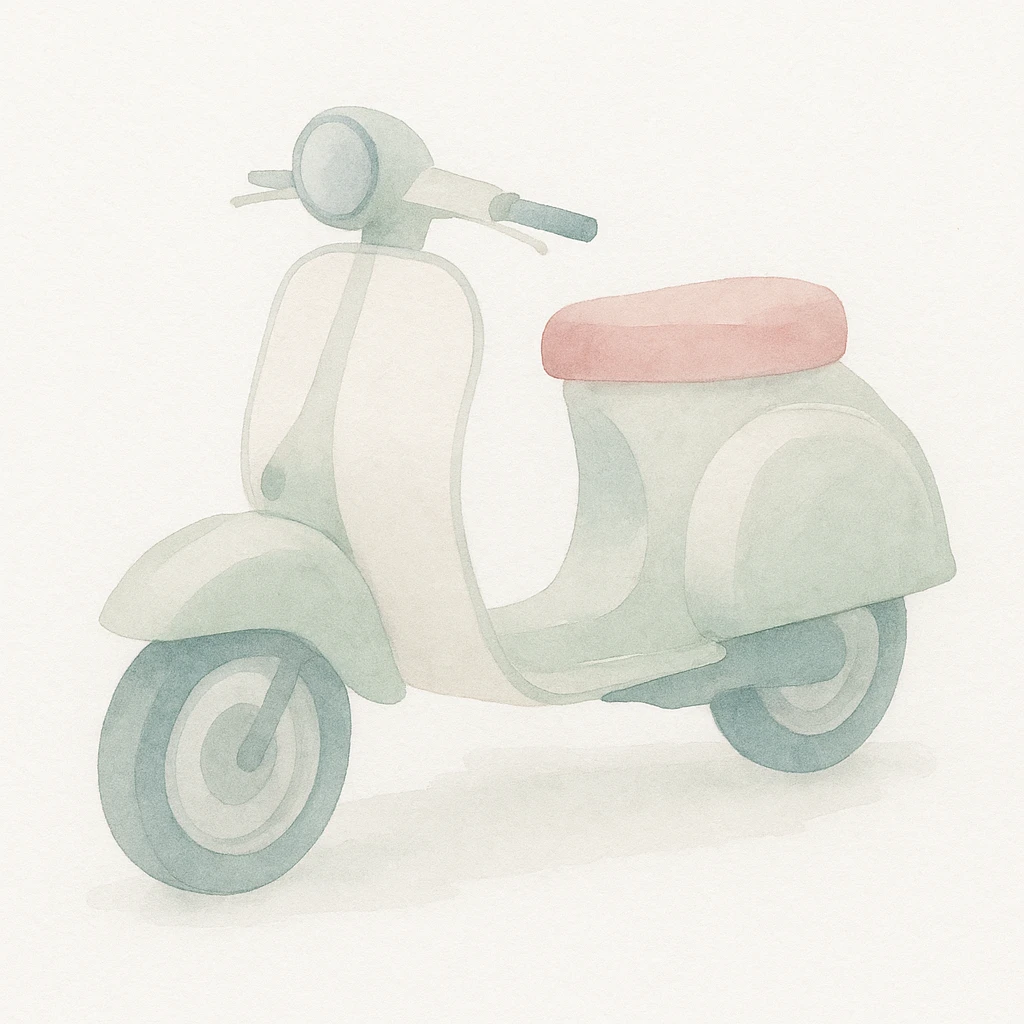 Vespa scooter in watercolor style with white, green, and pink pastel tones. emoji