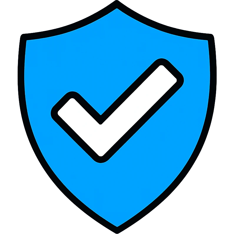 verification badge in shield shape with blue and white checkmark, icon style emoji