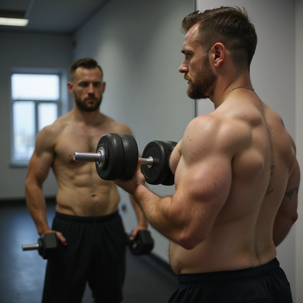 man training with weights in front of a mirror but the reflection shows the same physical shape as before, symbolizing difficulty losing weight, 4K details emoji