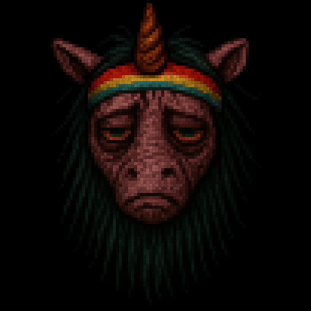Remove the bathrobe and coffee cup from the unicorn. Add a cheerful, bright headband. Keep the pixel art style, unicorn remains disgusting and rumpled with bags under his eyes and a drooping horn. Render in pixel art style. emoji