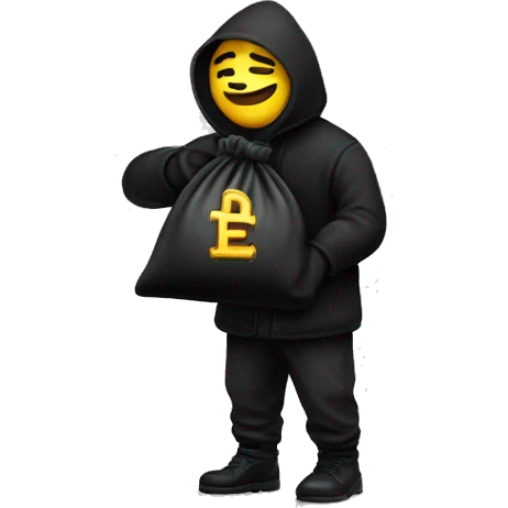 Thief wearing all black clothes actively stealing a money bag with the words Top Tier embroidered on it emoji