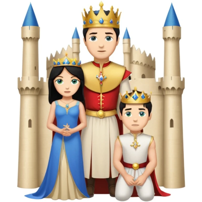 Man as king, standing, black Hair, blue eyes, woman, blonde, green eyes, shott white sleveless Dress, kneeling, background palace emoji