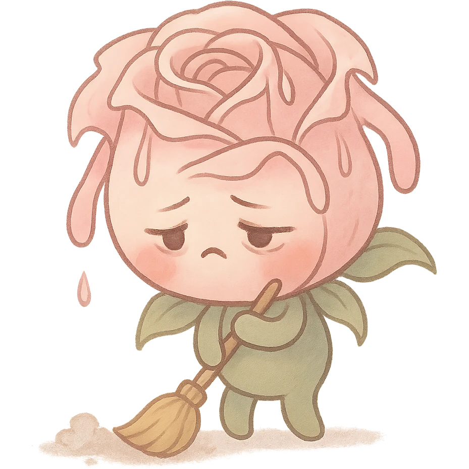 soft pink rose flower with puffed cheeks, sweeping the floor, exhausted eyes, drooping petals, pastel tones, chibi round shape emoji