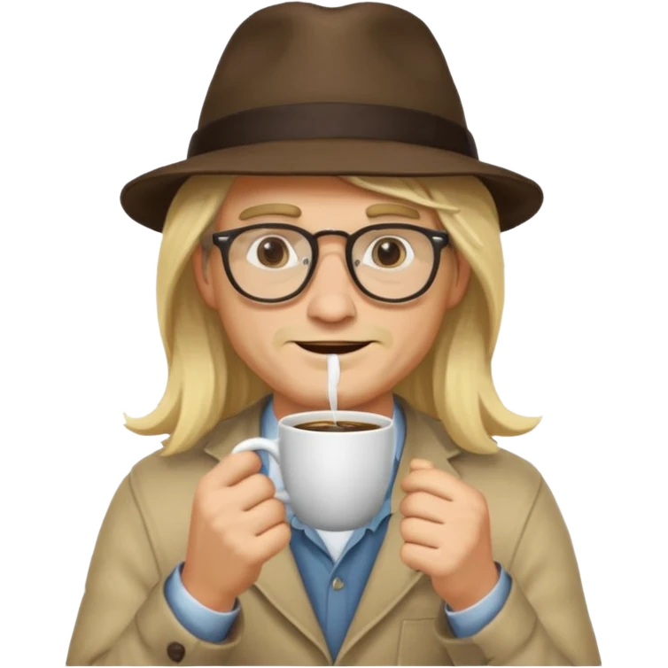 long hair blonde man drink coffe with hat and glasses emoji