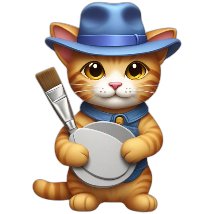 Kawaii cat artist in hat holding palette and brush so it can be used as a mouse cursor emoji