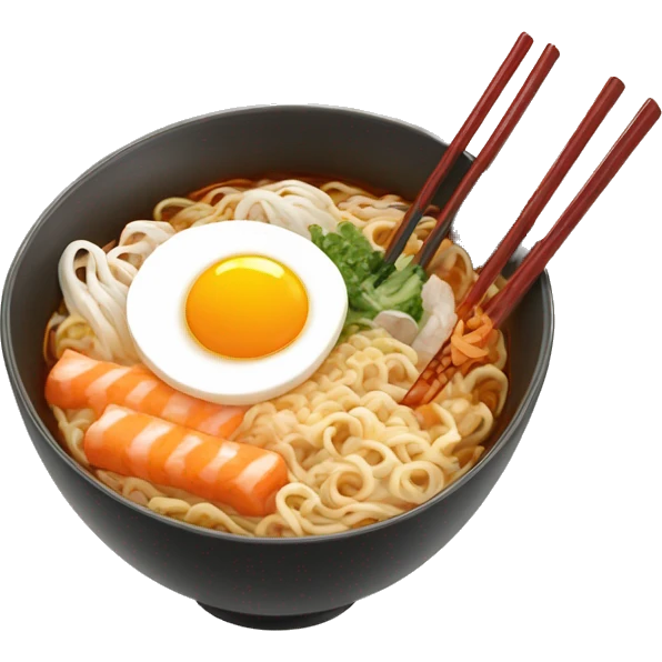 Bowl of warm ramen with two chop sticks, boiled egg, and kimchi emoji