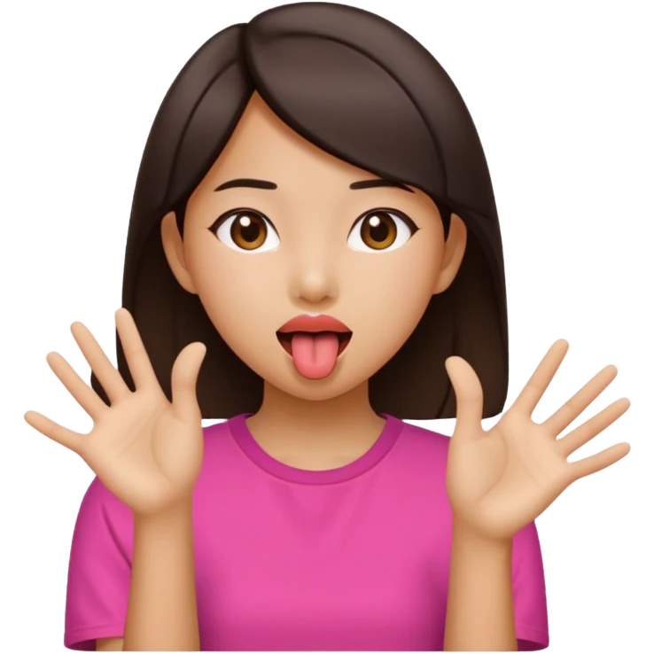 A Asian girl with her tongue out and hands by her side pushing away emoji