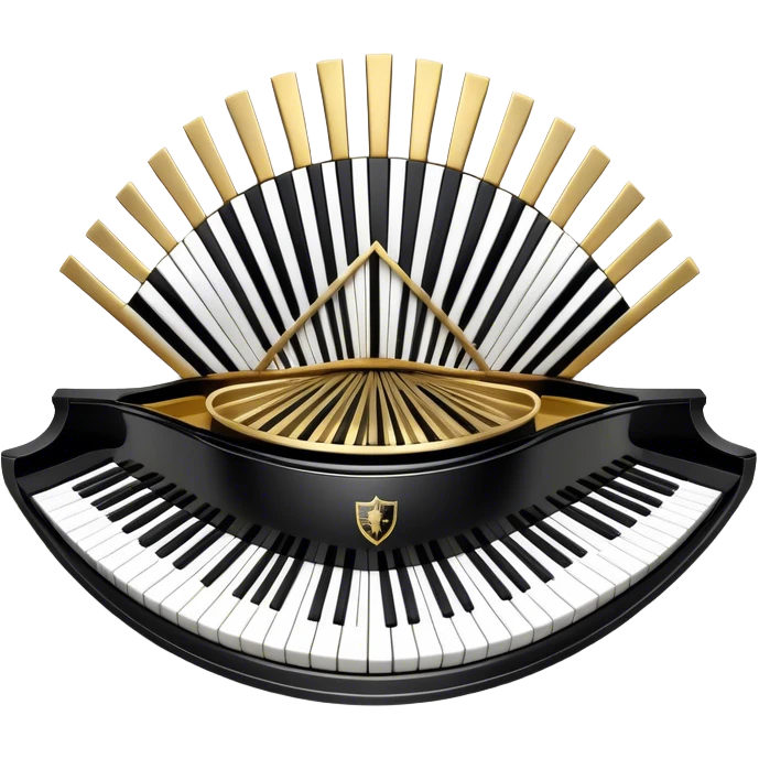 Create an elegant and festive emoji collage representing keyboard instruments, styled like a heraldic emblem. The design should feature a central focal point of black and white piano keys, arranged in a semi-circular or shield-like shape. Around the piano keys, add intertwining musical notes that form flowing ribbons, creating a dynamic and celebratory atmosphere. The design should be professional, with polished silver and gold accents on the keys and notes, highlighting the luxury and sophistication of the instruments. Add subtle shading and lighting effects to give the design a refined, 3D appearance. The background should remain transparent, and the overall feel should evoke grandeur, artistry, and a sense of celebration. emoji