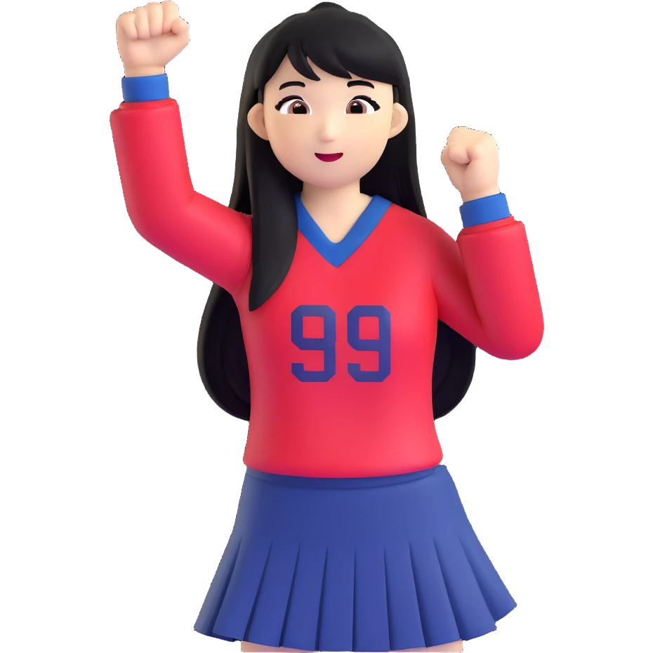 East Asian woman with long black straight hair and bangs wearing Doosan Bears team colors navy blue and red, cheering emoji