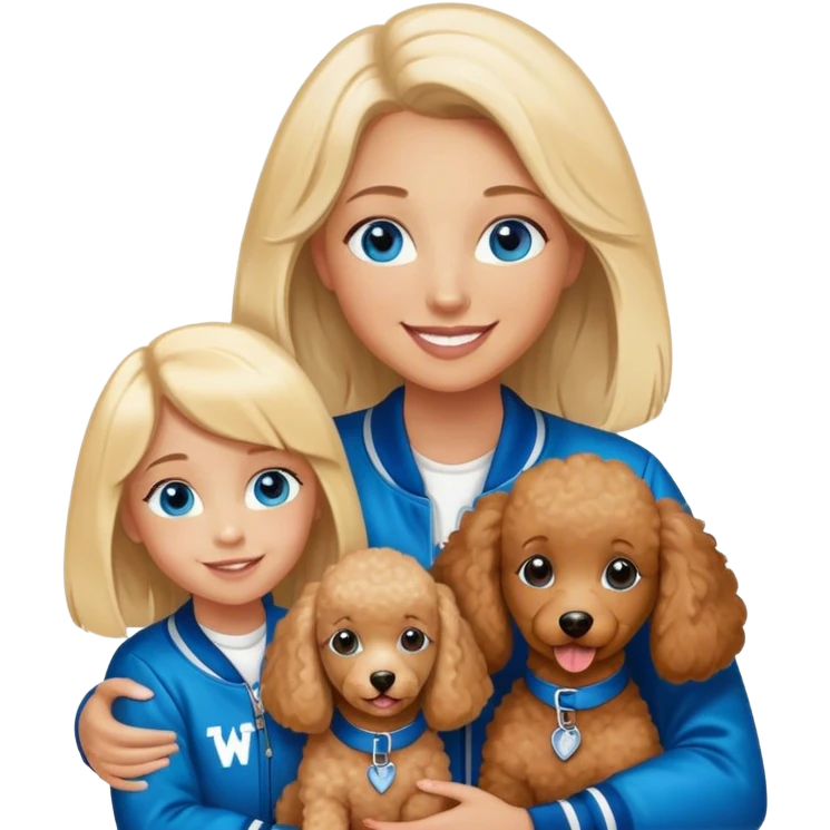 smiling mother in letterman jacket with W Blue eyes, Name is Tini, two Little girls Long blond straight hair and Blue eyes, poodle puppie brown emoji