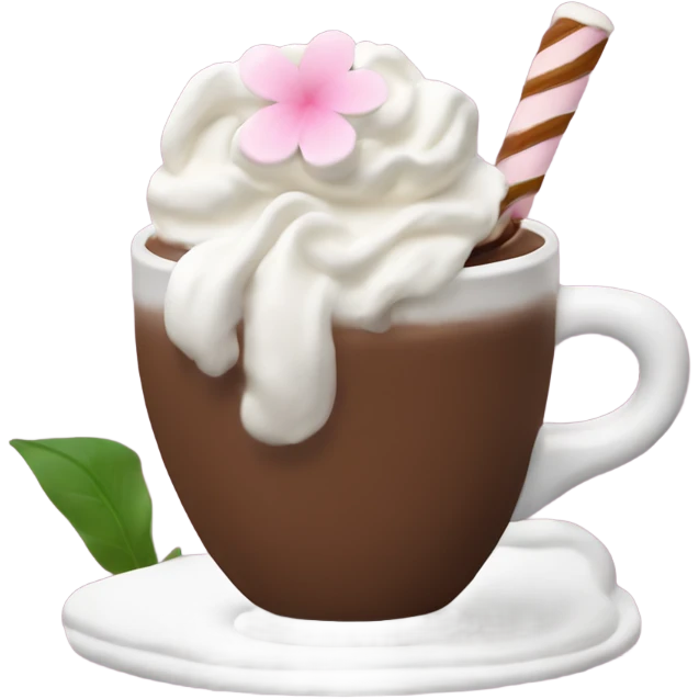 Hot chocolate with pale pink flower and whipped cream emoji