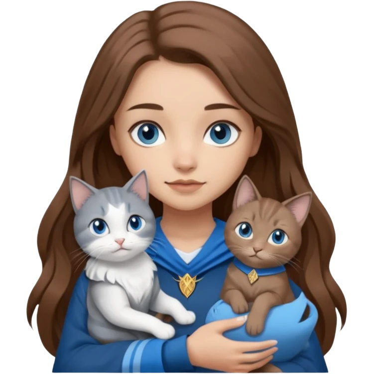 gorgeous Girl with light skin, blue eyes, long brown hair, wears a ravenclaw outfit, with a grey and white cat holding in her arms emoji