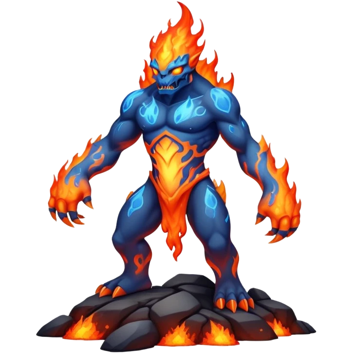 a mystical fast lava creature without arms with molten lava on its head and some rocky shoulders, full body, fire crystals, blue flames emoji