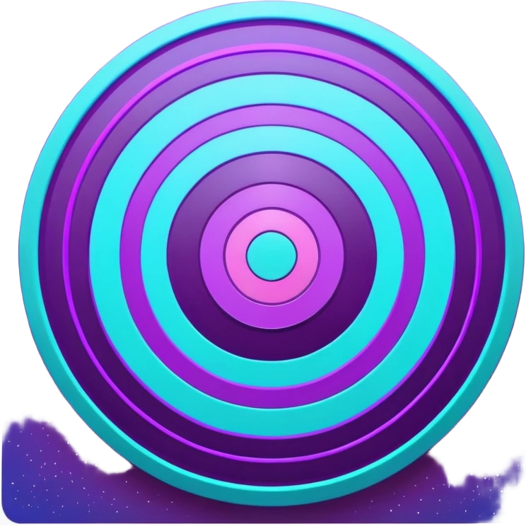 Symbolic bullseye target emoji, flat design, concentric circles, neon purple & cyan glow, holographic, digital tech, abstract sparkles, dark background, no realistic texture emoji