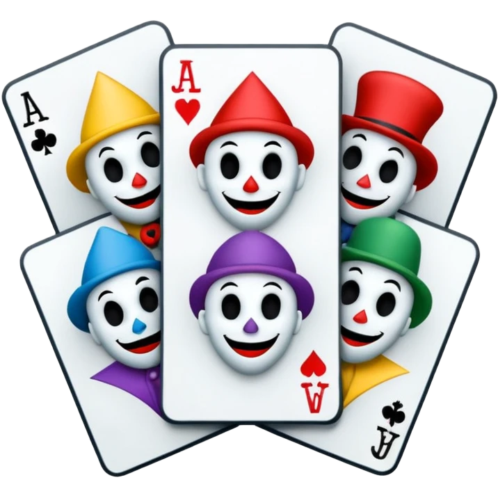 bunch of 3 poker cards, with crazy colorful human jolly jokers inside, inversed face, cuphead style emoji