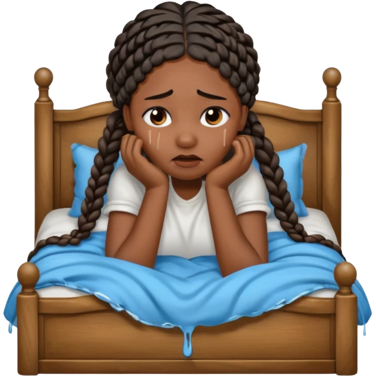 Black woman with braids in a big king size bed by herself crying emoji