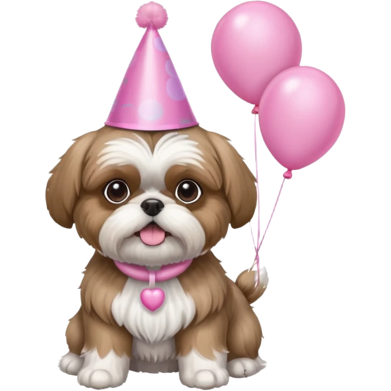 cute shih tzu hold a few pink balloons  with pink birthday hat emoji