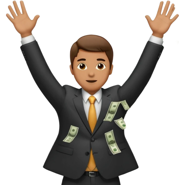 (man standing there with his hands up as money falls on him) emoji
