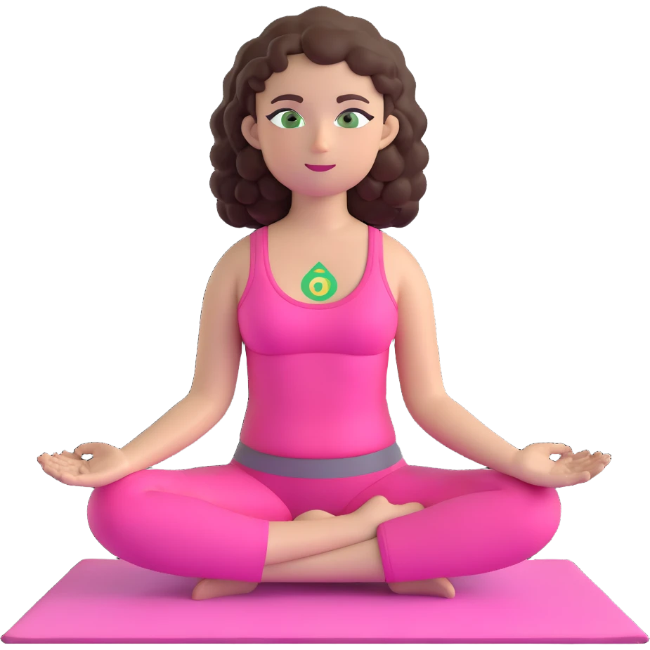 girl with dark brown curly hair and green eyes, in pink yoga clothes, meditating on a yoga mat, emoji style emoji