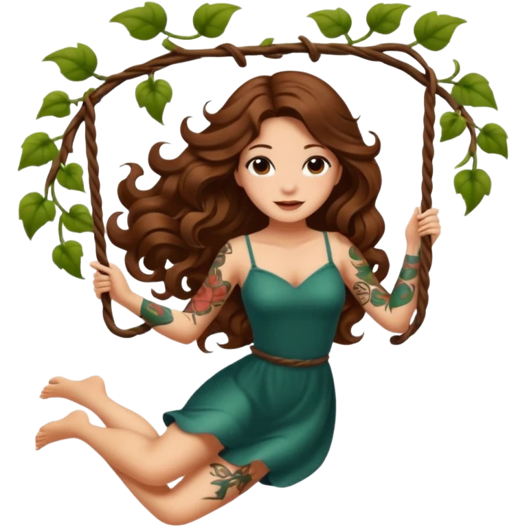 ccute woman long wavy brown hair tattoos swinging on vine emoji