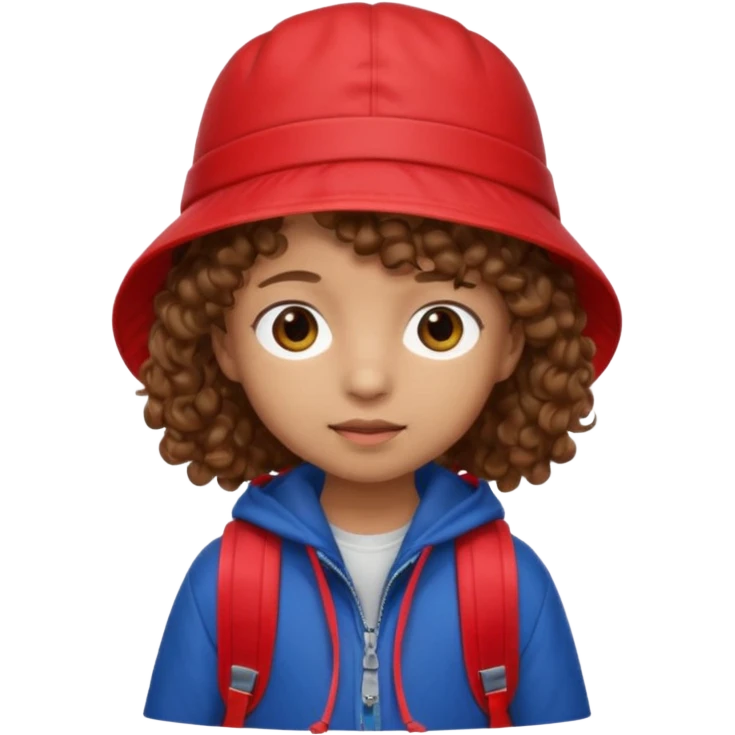 Little student brown curly hair, wears red bucket hat and jacket, backpack, shy emoji