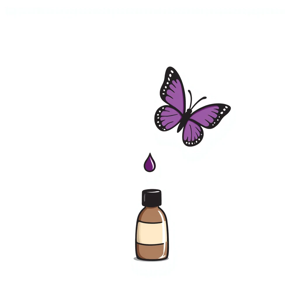 Small brown bottle floating with dim light, with a purple drop suspended in the air, slowly spinning in front of a luminous butterfly representing the thyroid gland emoji