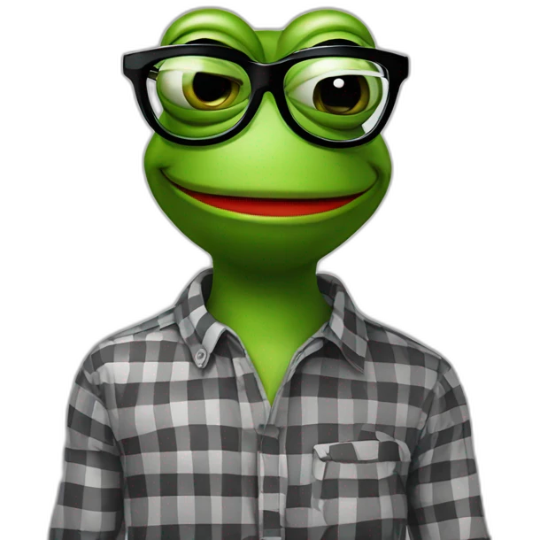 smiley face pepe the frog in black and red checkered shirt with square glasses for vision in cartoon style emoji