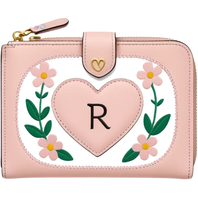 Pale Pink cute Wallet with heart charm, credit cards inside and flowers growing embroidered on it, clean aesthetic, letter R charm on it emoji