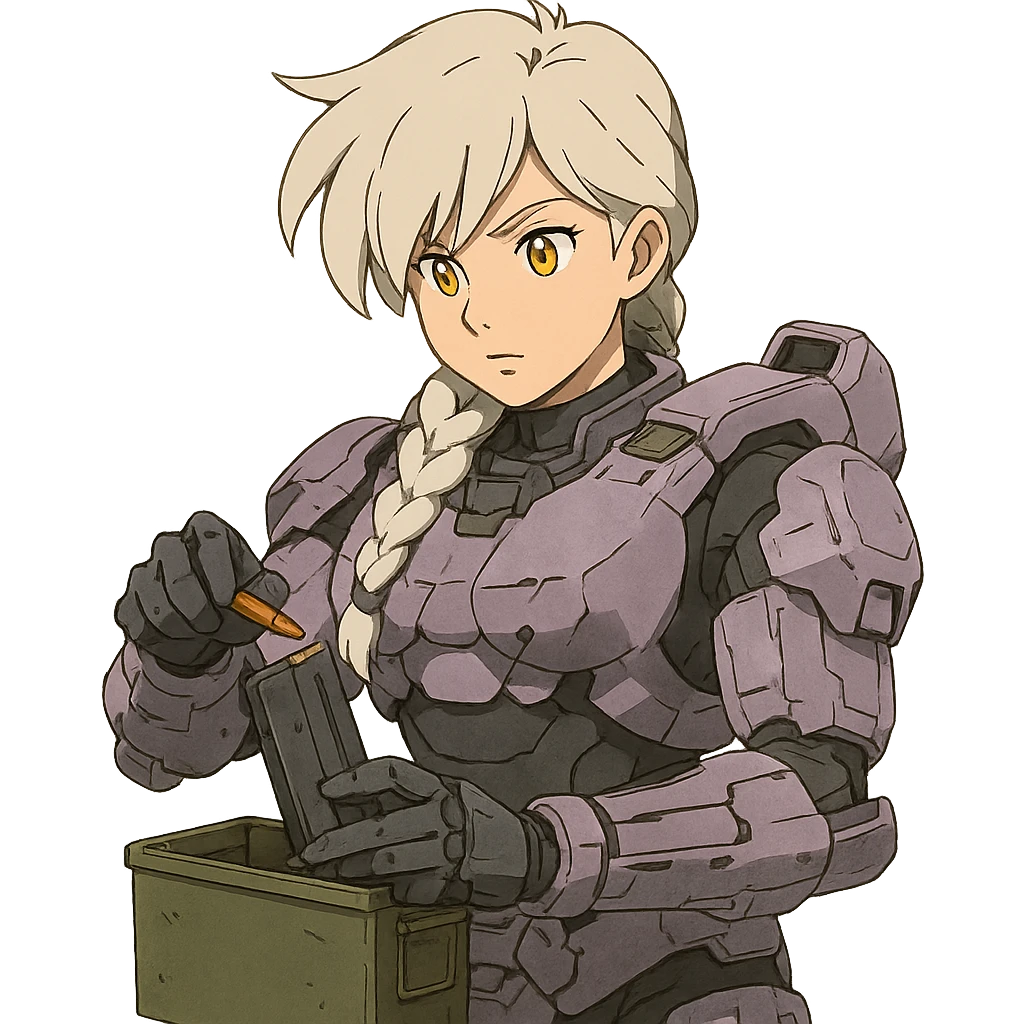 female, wearing reach spartan armor default, long white braid hair with massive messy front side single bangs, gold yellow eyes, attention pose, HALO:series, no helmet, the armor is lavender color scheme, shoulder pad off. DDD bust size fitting. Punk gothic cyberpunk, loading a magazine from a green ammo box emoji