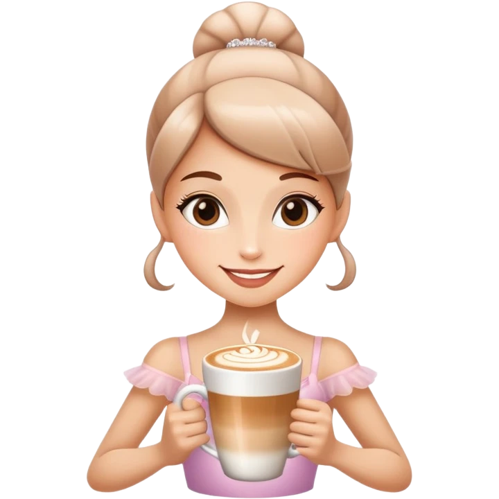 A girly ballerina character with a cappuccino cup head and a sparkling smile emoji