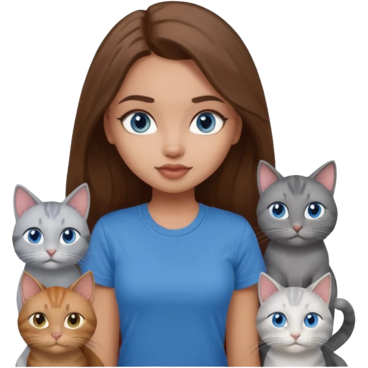 a pretty bratz dusky light skin girl with long brown hair, blue eyes with six cats nd wearing a grey tshirt emoji