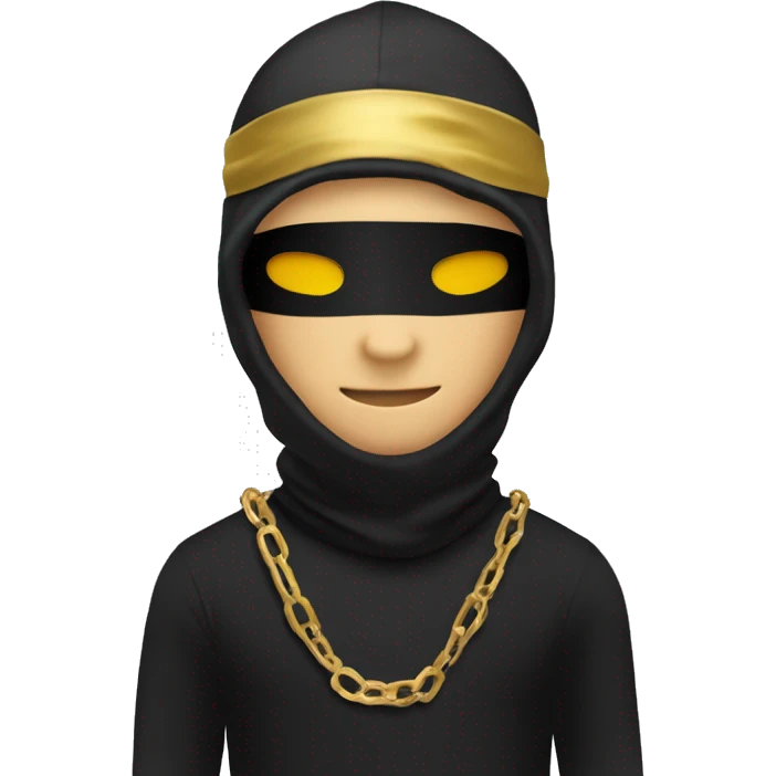 Sticker, a man wearing a black T-shirt and a black balaclava mask and a gold chain on his chest surrounded by a white outline, on a transparent background." emoji