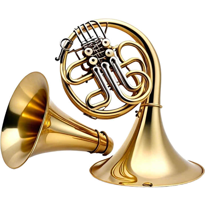 Create a refined and elegant emoji representing the Arnolds & Sons AHR-350 French horn. The design should feature the instrument's beautifully coiled brass body with its distinct flared bell, showcasing the high-quality craftsmanship. Include delicate details like the tuning valves, finger buttons, and elegant brass finish. Add subtle musical notes around the horn to symbolize its melodic sound. Use warm golden and brass tones to convey the luxury and professional quality of the instrument. The background should be transparent emoji