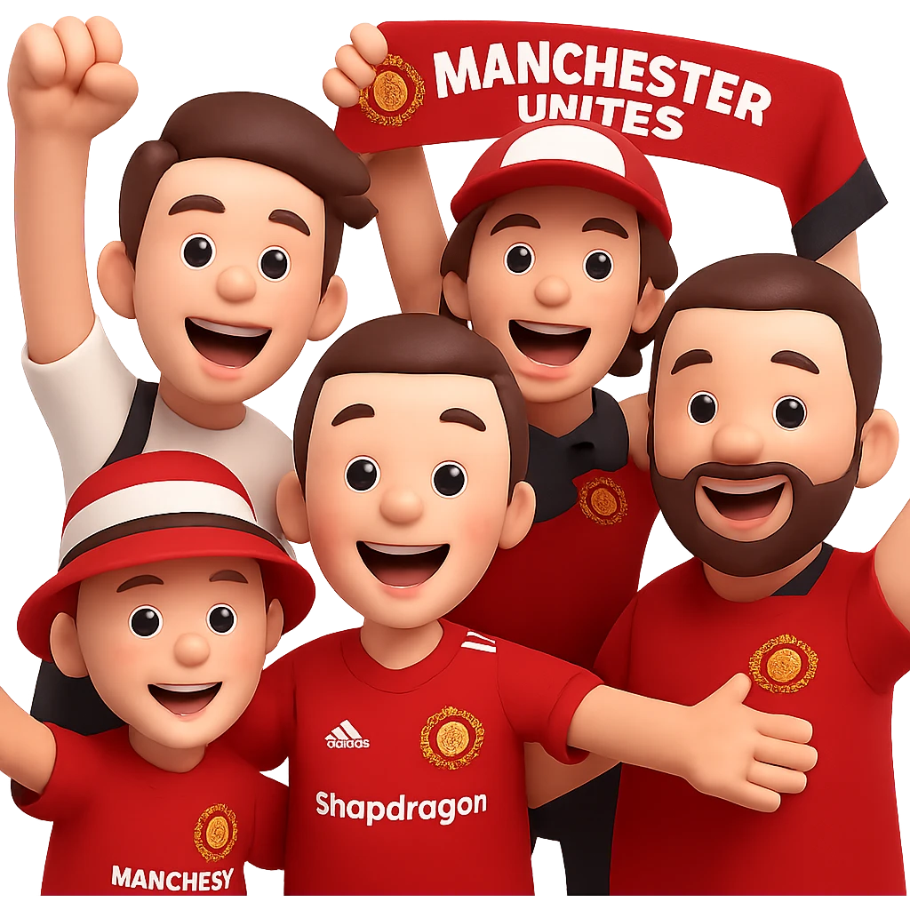 Create a group of Manchester United fans cheering, wearing red shirts and in celebratory poses, in a 3D emoji style. The background should be transparent. Focus on capturing the 3D emoji look with vibrant expressions and poses. emoji