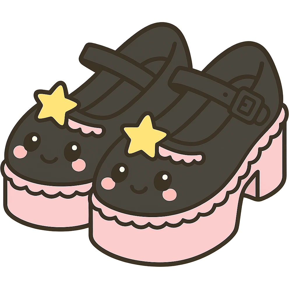 Refine the kawaii BLACKPINK-inspired gothic shoes by replacing bows with cute star charms and adding a subtle lace trim. Keep the black and pink color contrast, playful and stylish, no hearts, transparent background. emoji