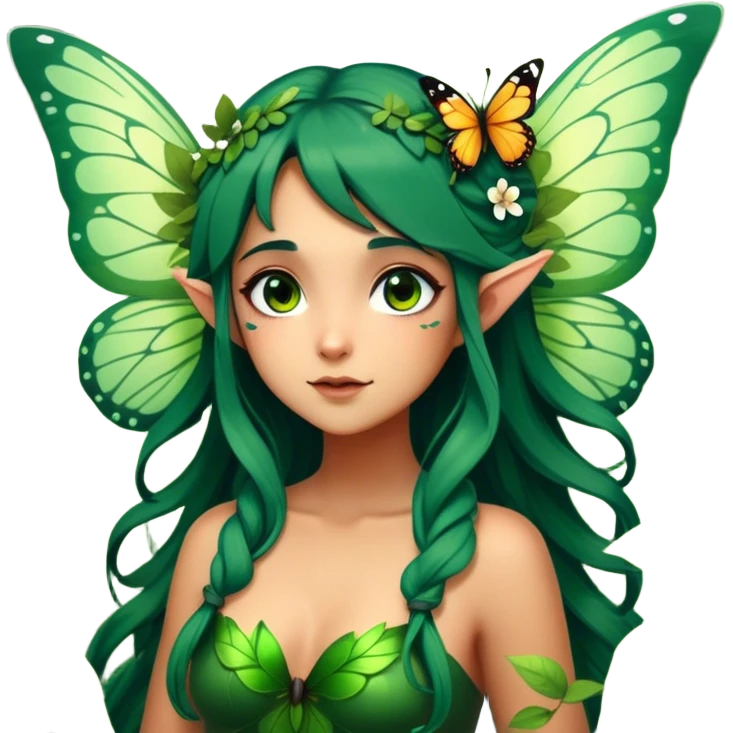 Cinematic Realistic Forest Fairy Portrait, head tilted playfully and inquisitively, showcasing a nature-inspired form with intricately detailed, sunlit tanned skin and cascading dark green hair interlaced with leaves and blossoms showing her large butterfly wings from her back. Her bright, curious eyes sparkle with forest mischief, rendered with lifelike clarity and warm, dappled lighting that captures the spirit of an enchanting woodland fairy ready to dance among the trees. emoji