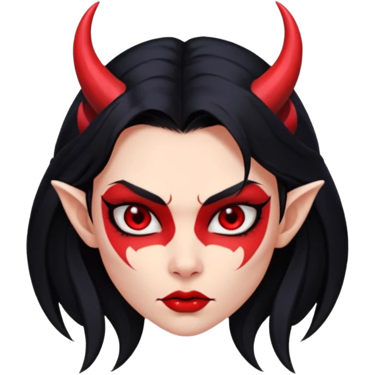 Head demon girl, strong pronounced cheekbones, sharp angular jawline, skin red everywhere, long straight sleek black hair, small horns emoji