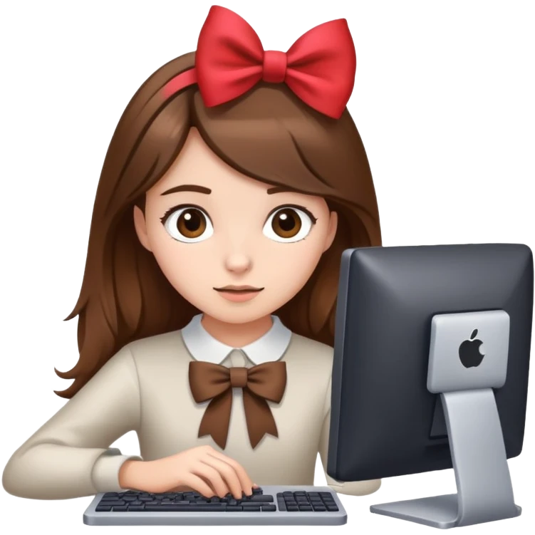 Girl brown hair with bow working on computer  emoji