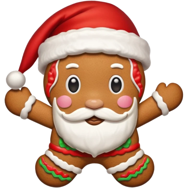 A gingerbread cookie with a face and a Santa hat emoji