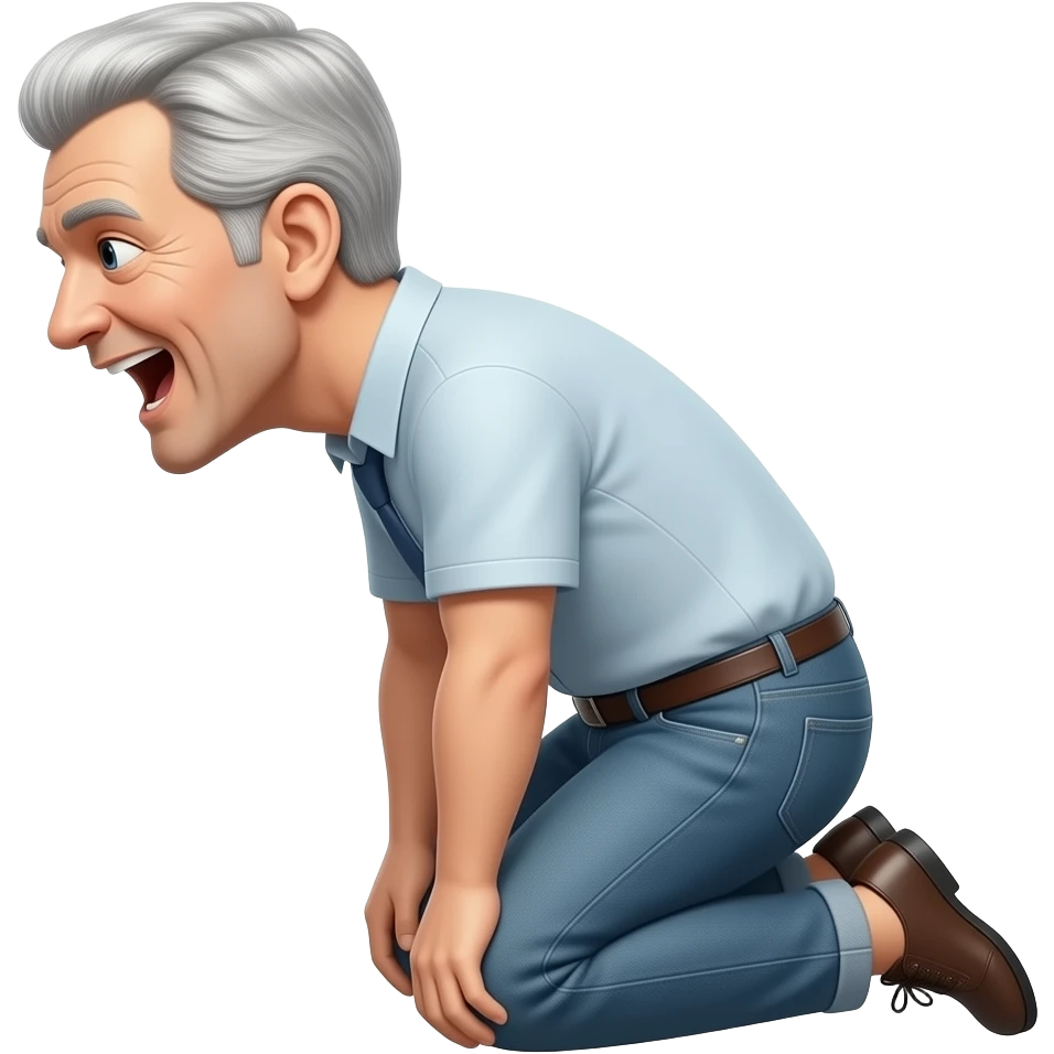 NOT SMILING side on kneeling submissive older man with mouth wide open not smiling emoji