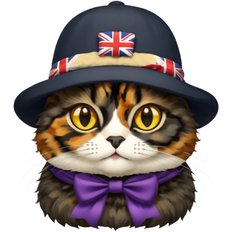 mostly black tortoiseshell cat, gold eyes, british hat emoji
