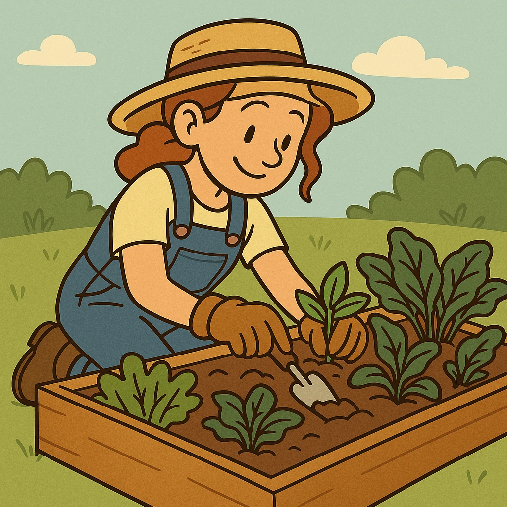 Change the woman's outfit to overalls and a straw hat in a flat toon style. emoji