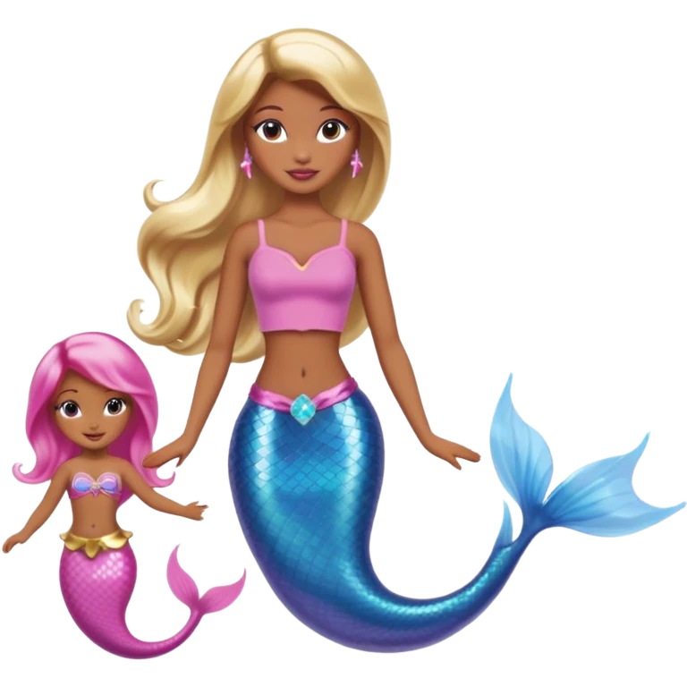 Brown skin blonde hair barbie mermaid with pink tail and dolphin  emoji