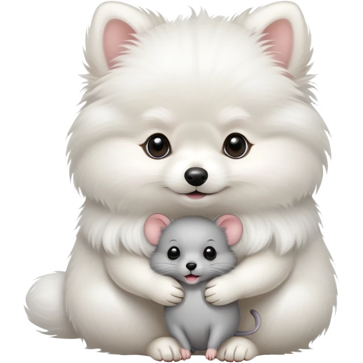 white pomeranian and gray mouse hug emoji