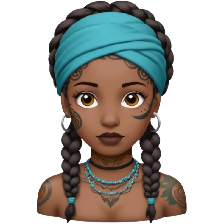 big lose braids starting from the top of the head woman face wiith big visible braids and mono color headband on head  face and braids as big as headband and lots and lots of face tattoos colored tattoos like a tattoo artist emoji