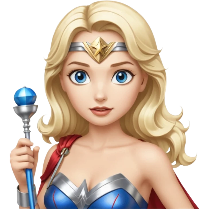 Blonde blue eyes Wonder Woman holding bell and short white baton emoji