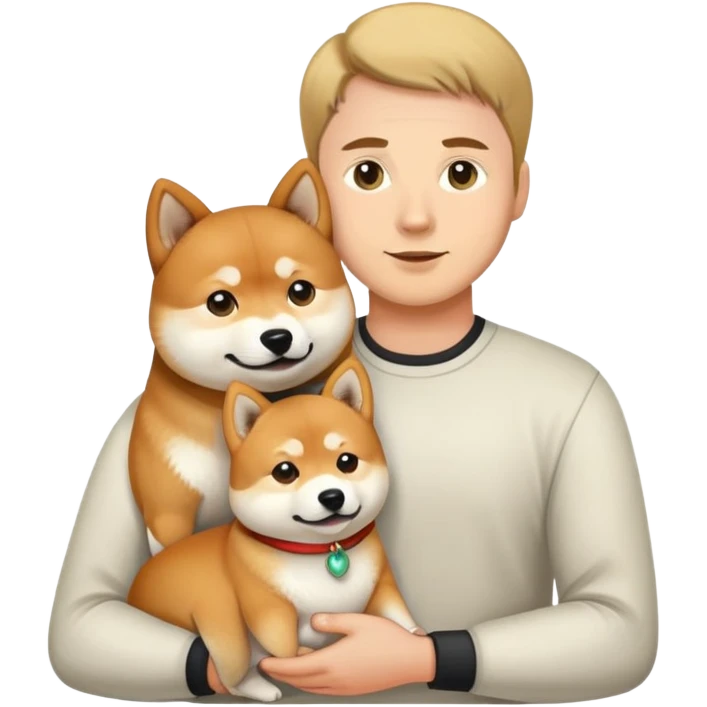 A man and a woman holding a Shiba Inu emoji